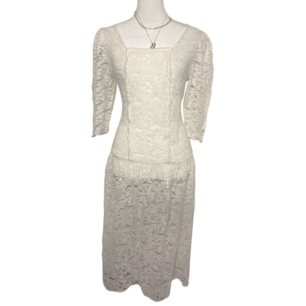 Handmade Ivory Lace Drop Waist Midi Dress Pearl Trim Square Neck 3/4 Sleeve